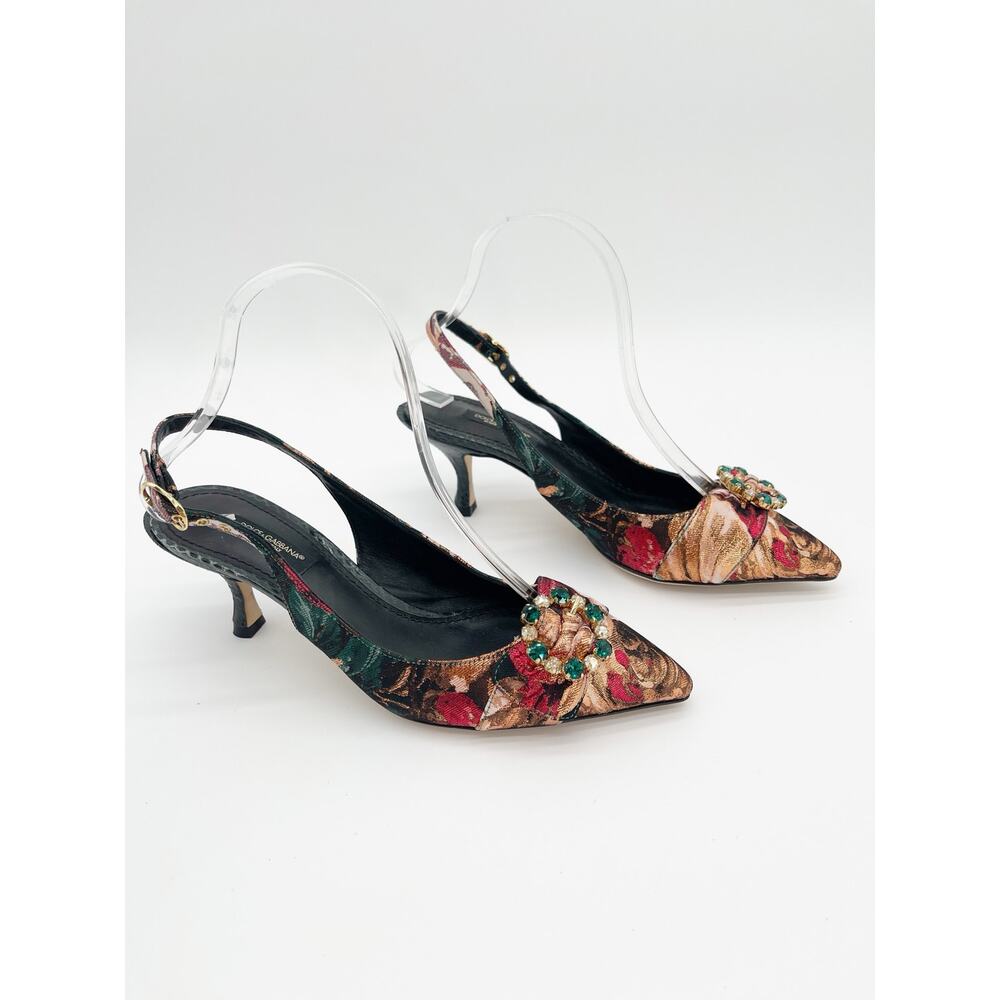 Dolce & Gabbana Floral Brocade Crystal Pointed Toe Slingback Heels IT 37 - Picture 2 of 13